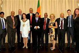 L to R: Mr. Chaminda Kularatne, Minister Counsellor - Sri Lanka High Commission, HH Prince Mohsin Ali Khan, Mr. Peter Calleghan, Director General - Commonwealth Business Council, Mayoress Frances Stainton, Mr. Kamalesh Sharma, Commonwealth Secretary-General, H.E. Dr. Chris Nonis, Sri Lankan High Commissioner to London, The Lord Dholakia, Baroness Greengross, Lord Loomba, Euan Blair and HRH Princess Katrina